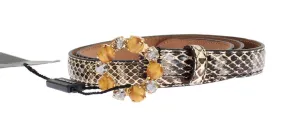 Beige Snakeskin Crystal Gold Buckle Belt