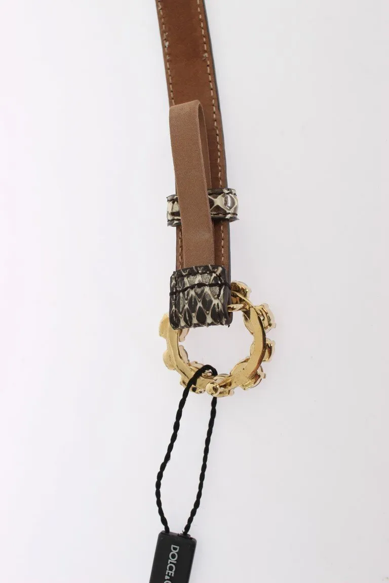Beige Snakeskin Crystal Gold Buckle Belt