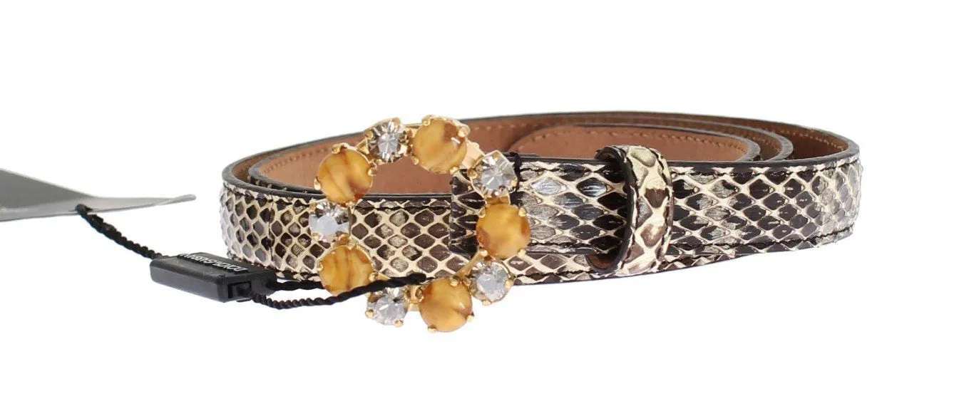 Beige Snakeskin Crystal Gold Buckle Belt