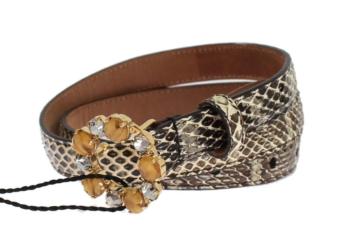 Beige Snakeskin Crystal Gold Buckle Belt