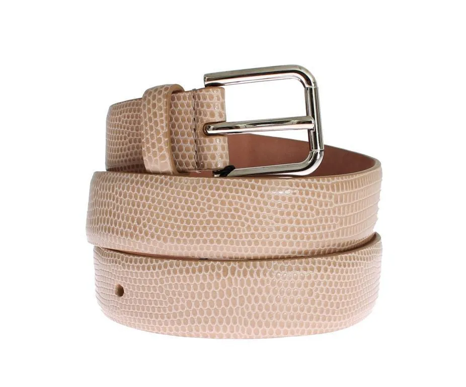 Beige Snakeskin Gold Buckle Logo Waist Belt
