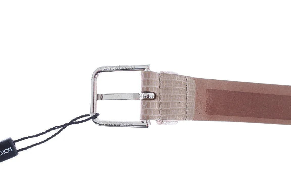 Beige Snakeskin Gold Buckle Logo Waist Belt