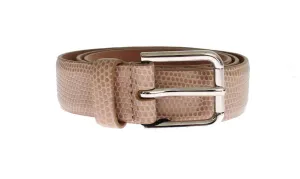 Beige Snakeskin Gold Buckle Logo Waist Belt