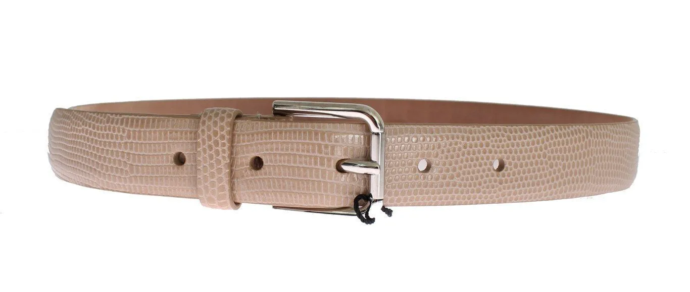 Beige Snakeskin Gold Buckle Logo Waist Belt