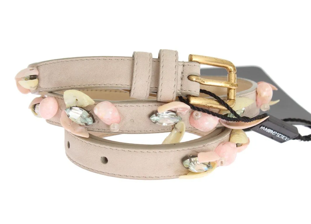 Beige Suede Leather Stones Crystals Belt