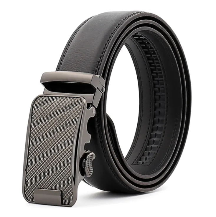 Black Belt Silver Textured Buckle Mens Adjustable Ratchet Slide Buckle Belt - Genuine Leather