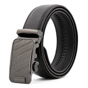 Black Belt Silver Textured Buckle Mens Adjustable Ratchet Slide Buckle Belt - Genuine Leather