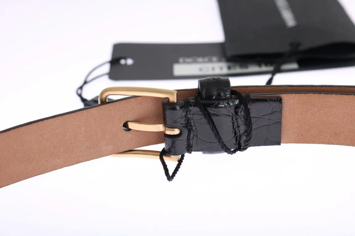 Black Cayman Leather Gold Buckle Belt