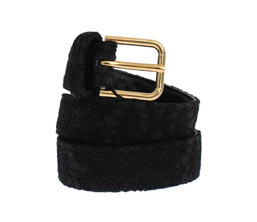 Black Cotton Lace Gold Buckle Logo Belt