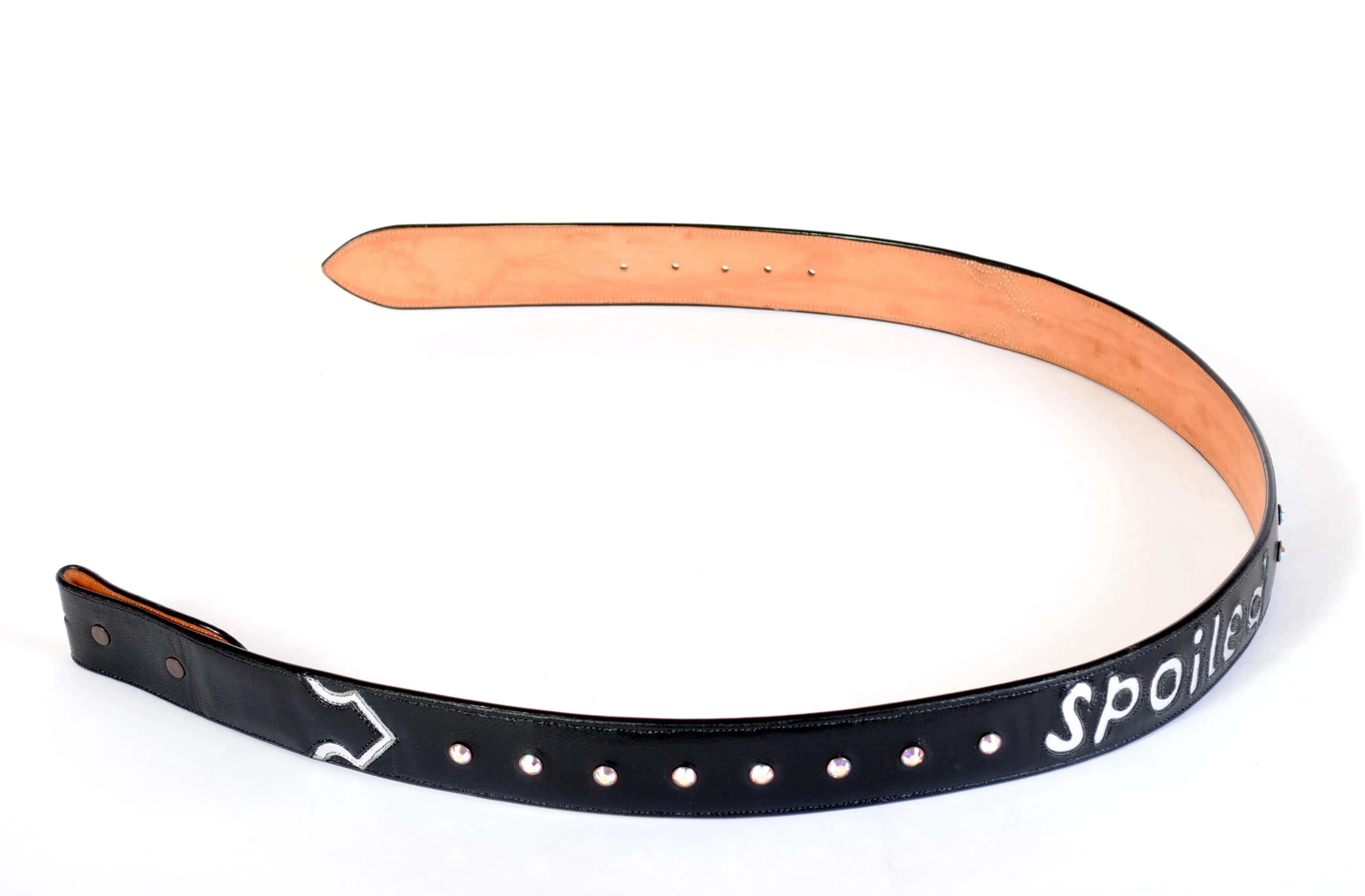 Black Handmade Leather Belt "Spoiled" Inlaid Design sz 34"