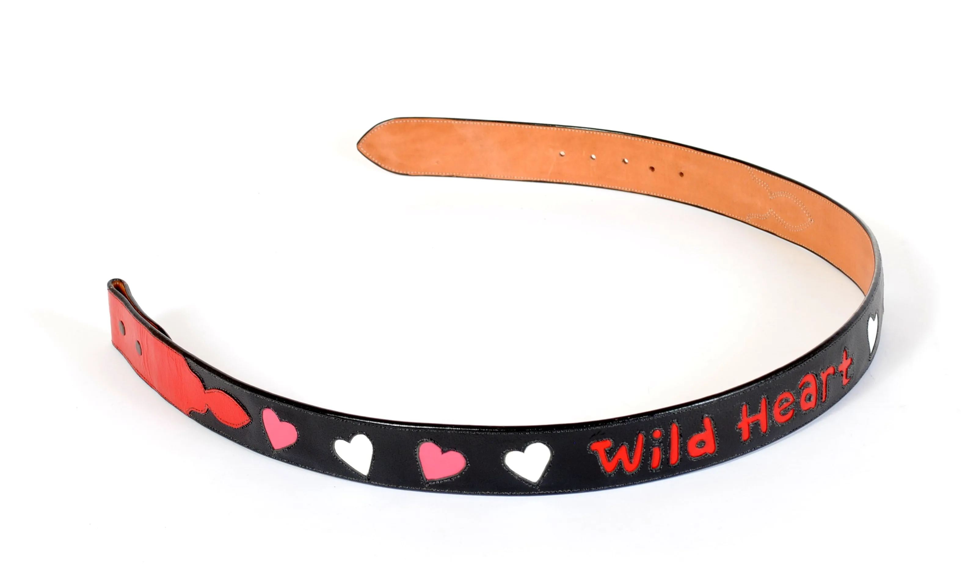 Black Handmade Leather Belt "Wild Heart" Inlaid Design sz 32"