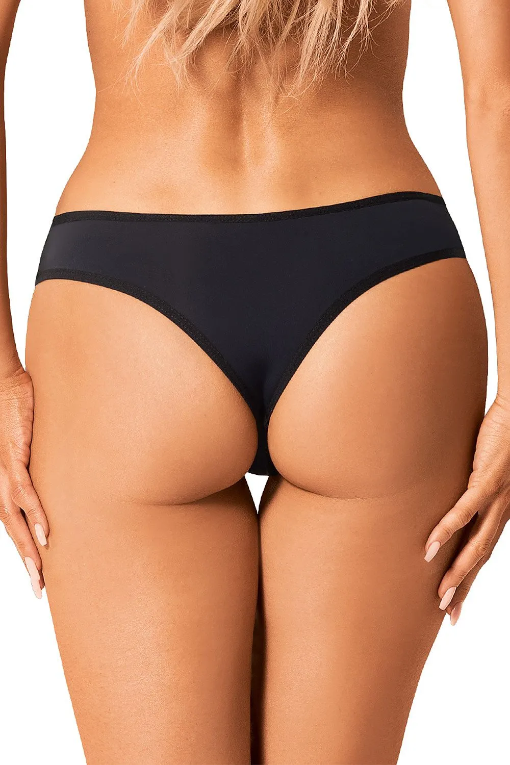 Black Lace Front Thong – Sheer Floral Panel with Satin Back