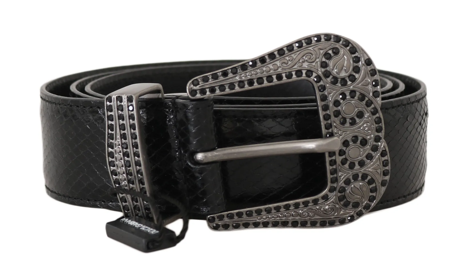 Black Leather Crystal Buckle Mens Belt