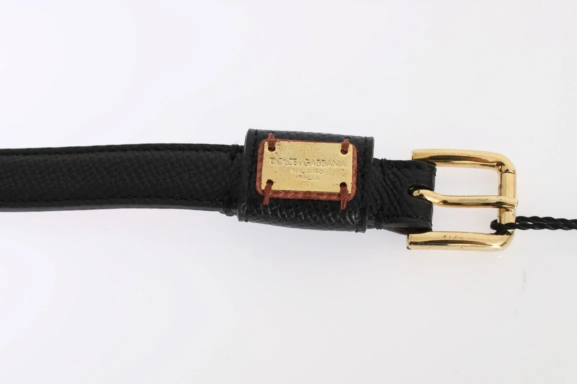 Black Leather Gold Buckle Logo Waist Belt