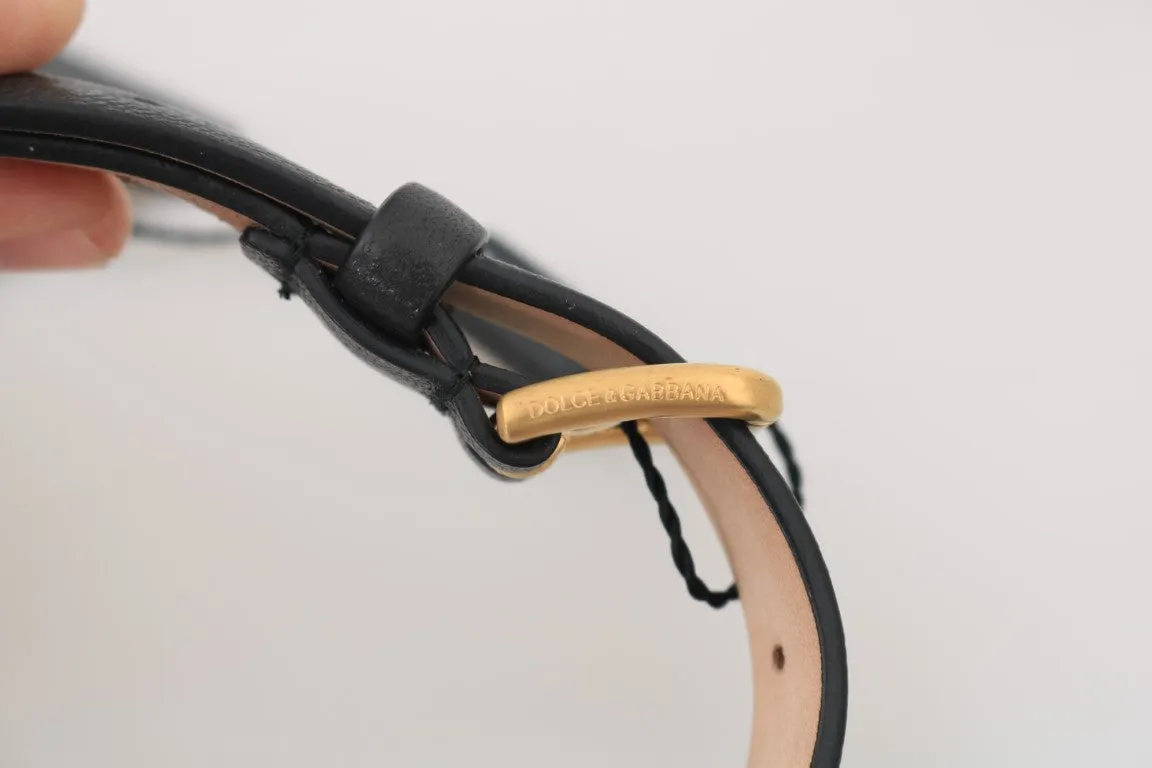 Black Leather Gold Logo Buckle Belt