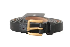 Black Leather Gold Logo Buckle Belt