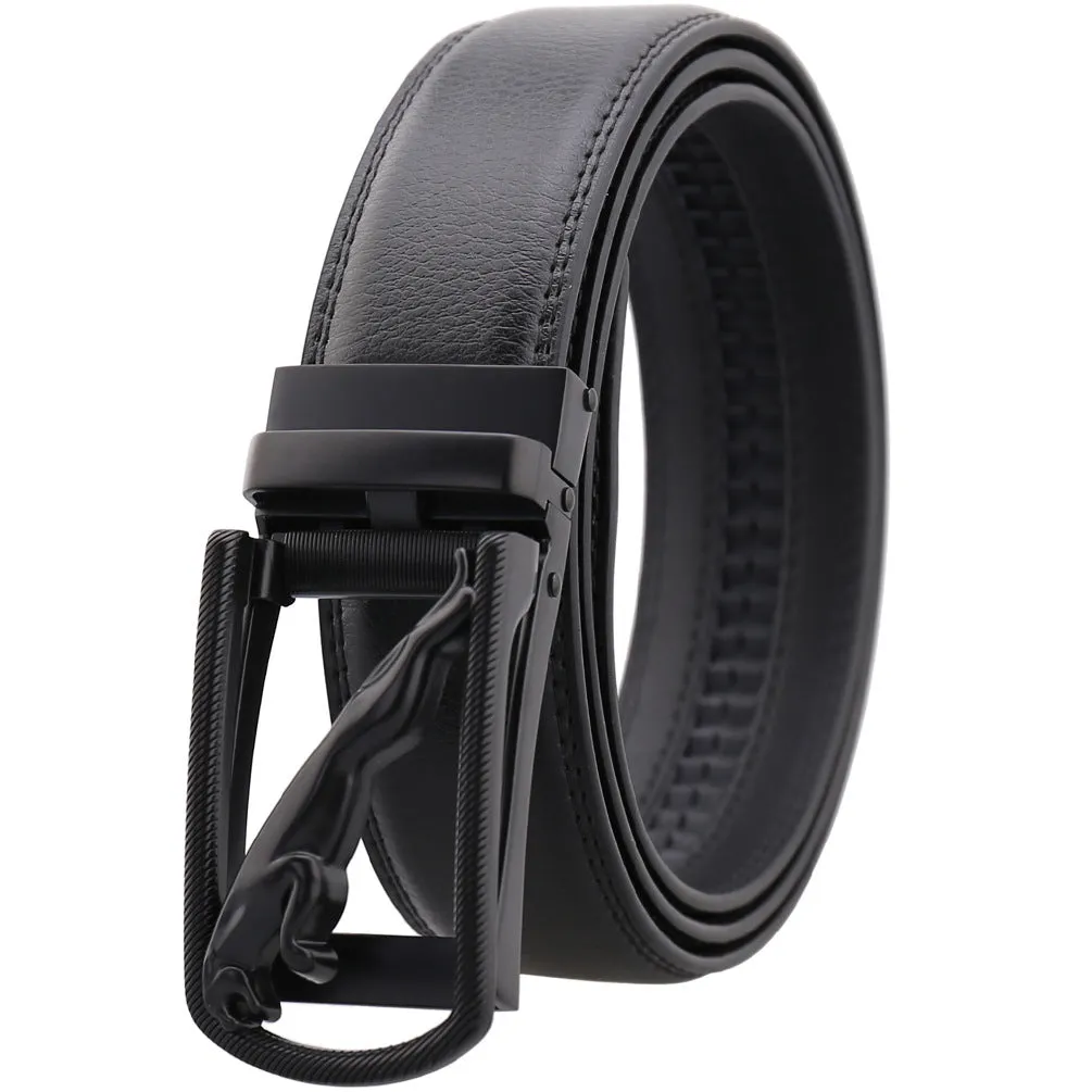 Black Mens Adjustable Ratchet Slide Buckle Belt - Genuine Leather Automatic Belt with No Holes