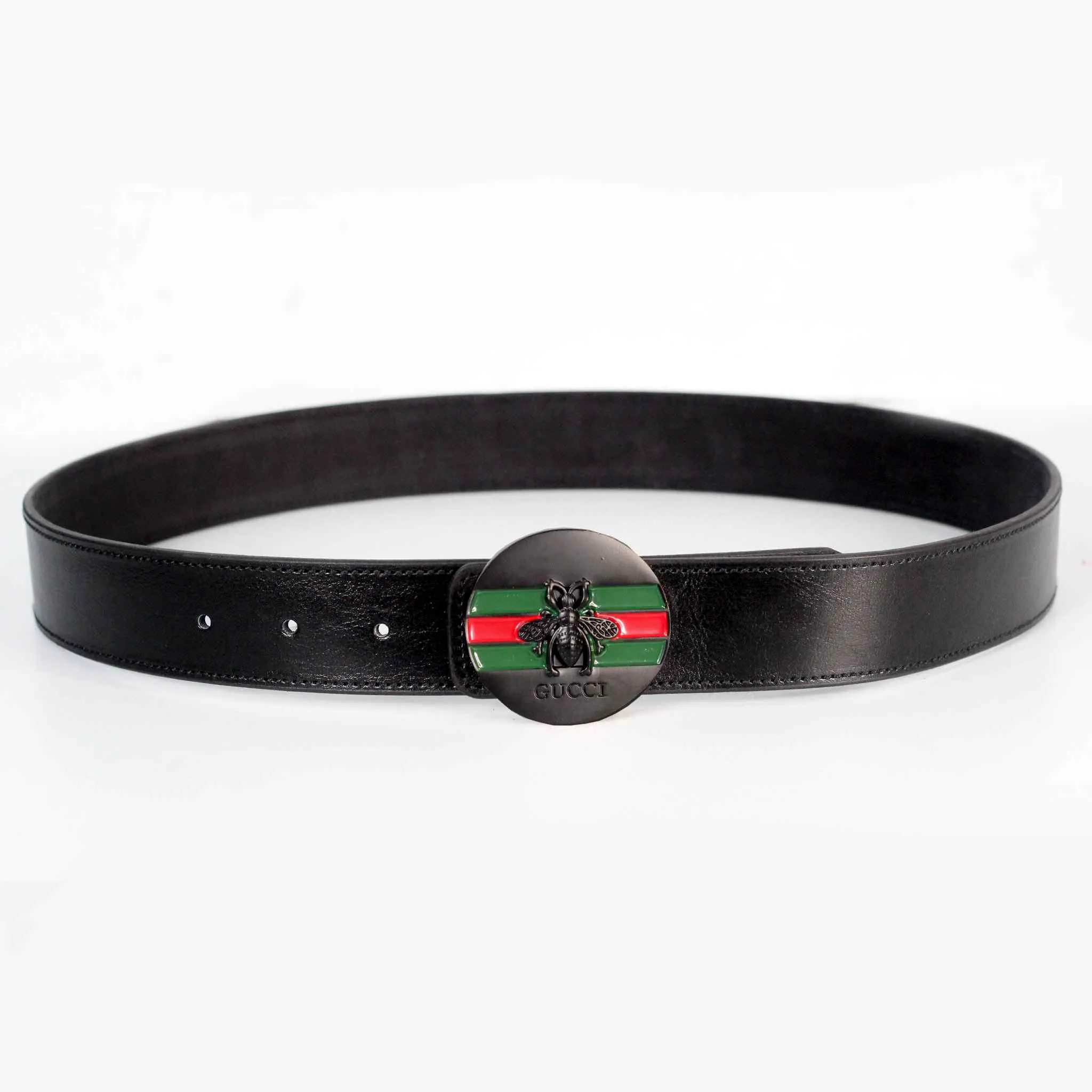 Black plain Belt - Leather Belt with Black round style Buckle