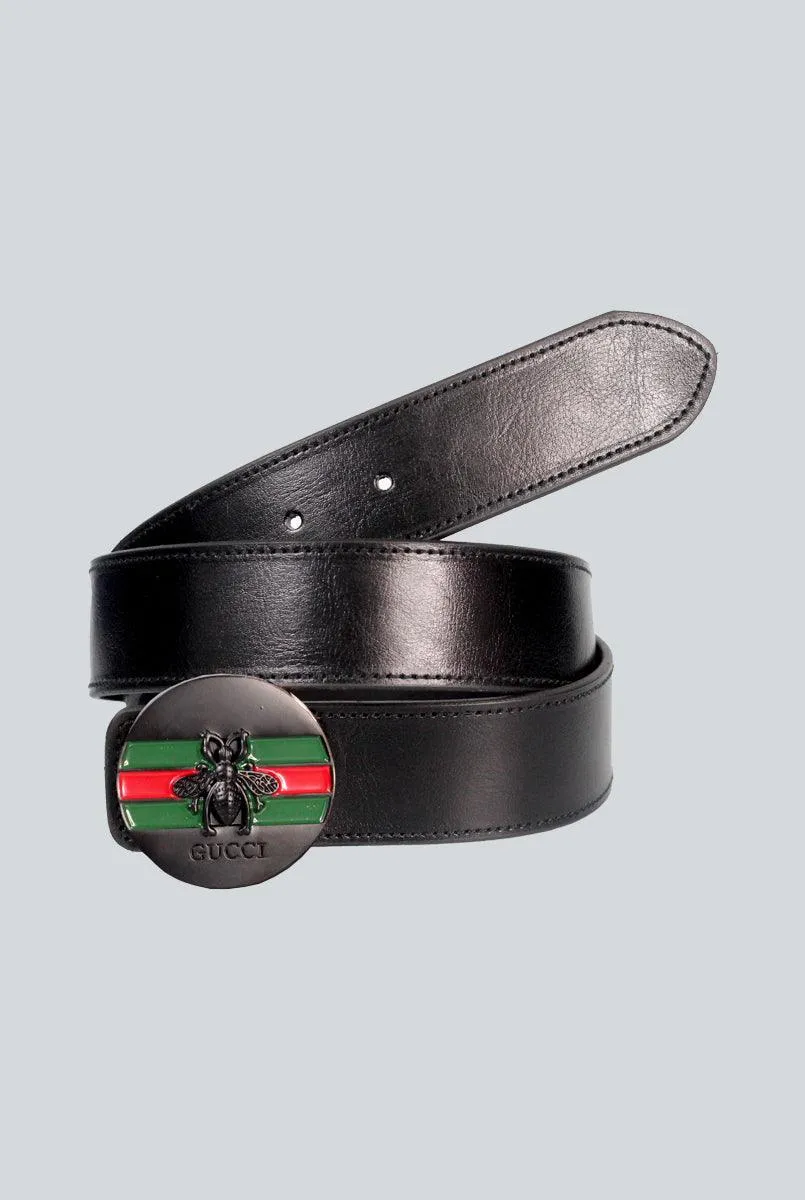 Black plain Belt - Leather Belt with Black round style Buckle