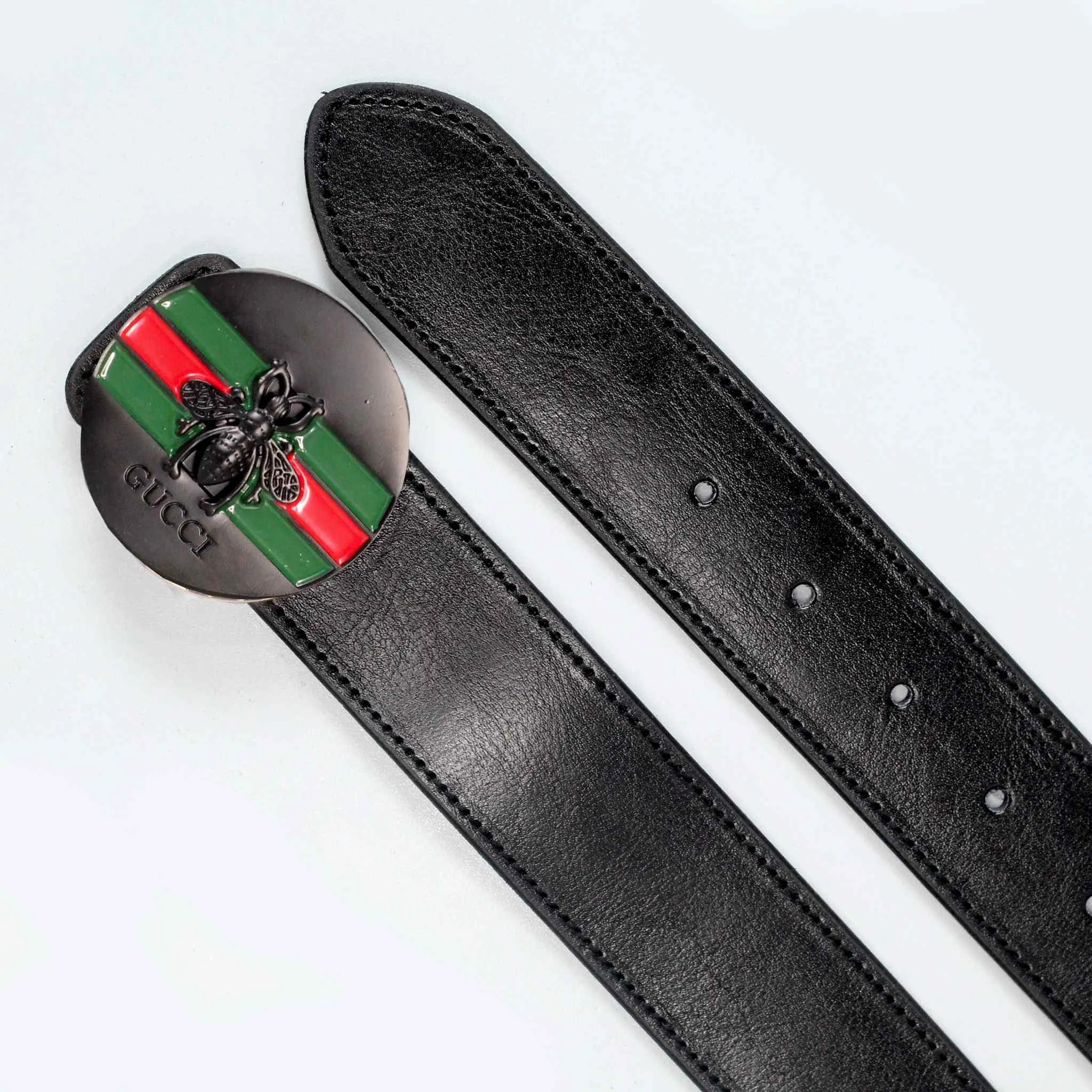 Black plain Belt - Leather Belt with Black round style Buckle