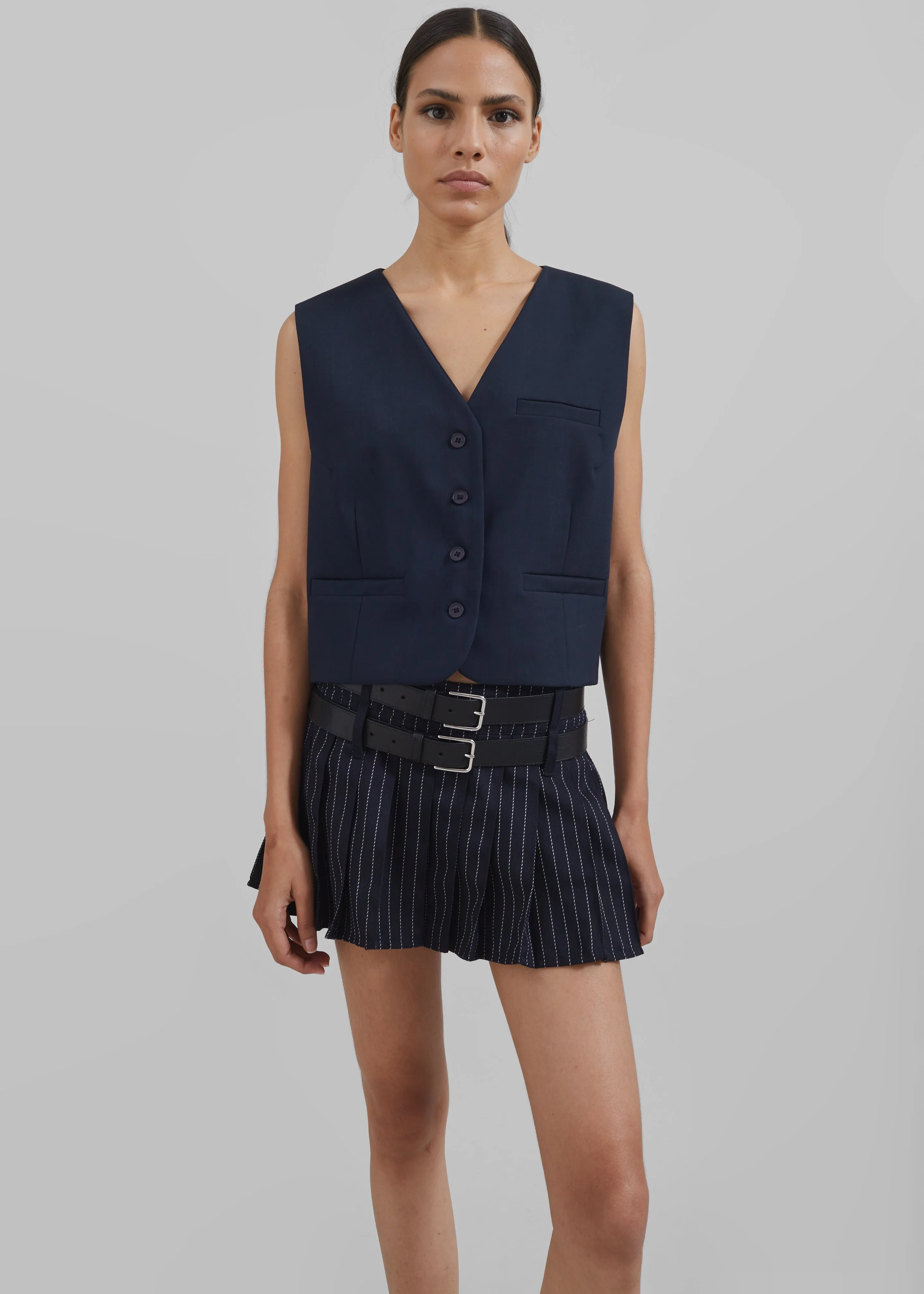 Blake Pleated Twill Mini Skirt - Navy/White Pinstripe