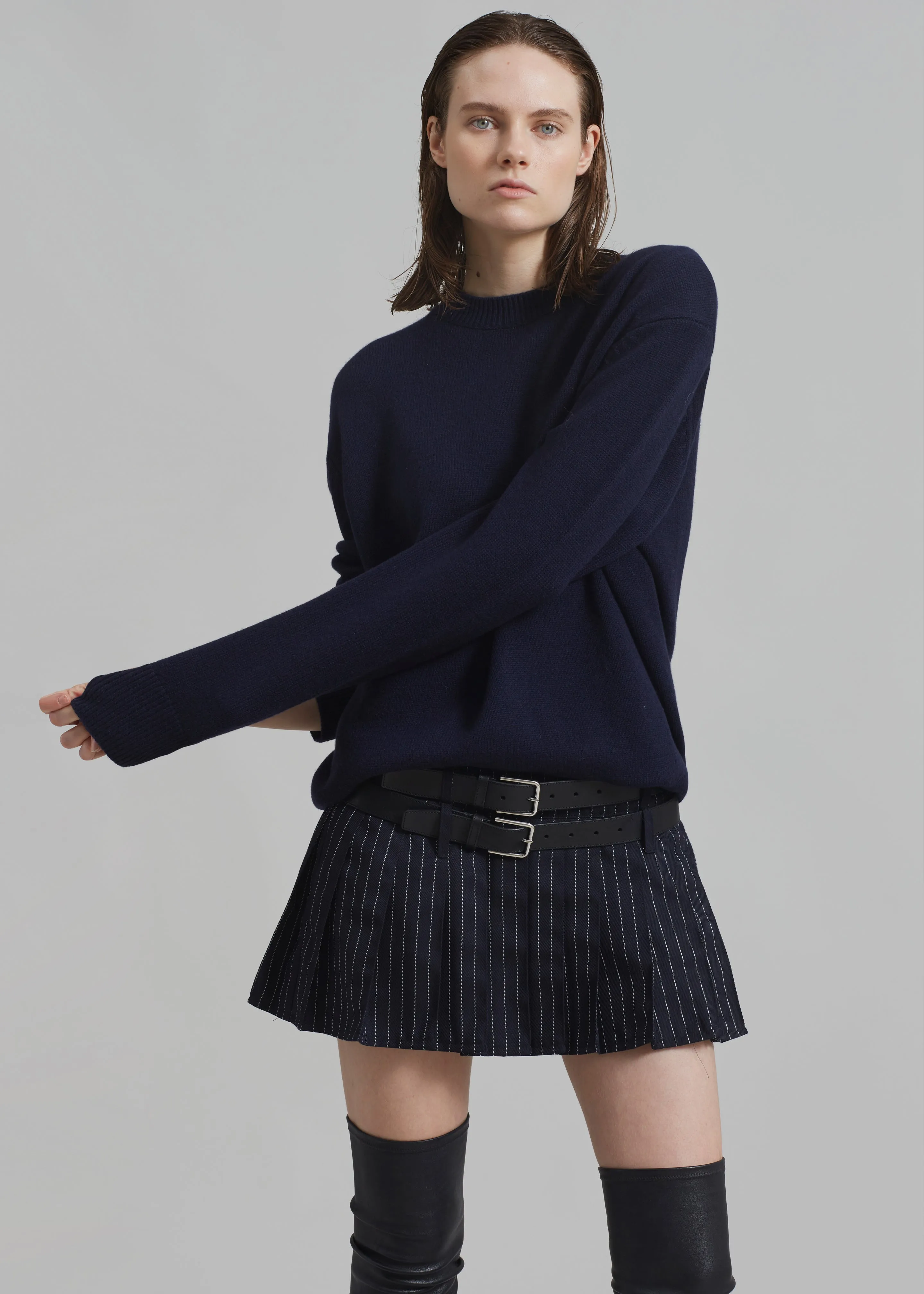 Blake Pleated Twill Mini Skirt - Navy/White Pinstripe