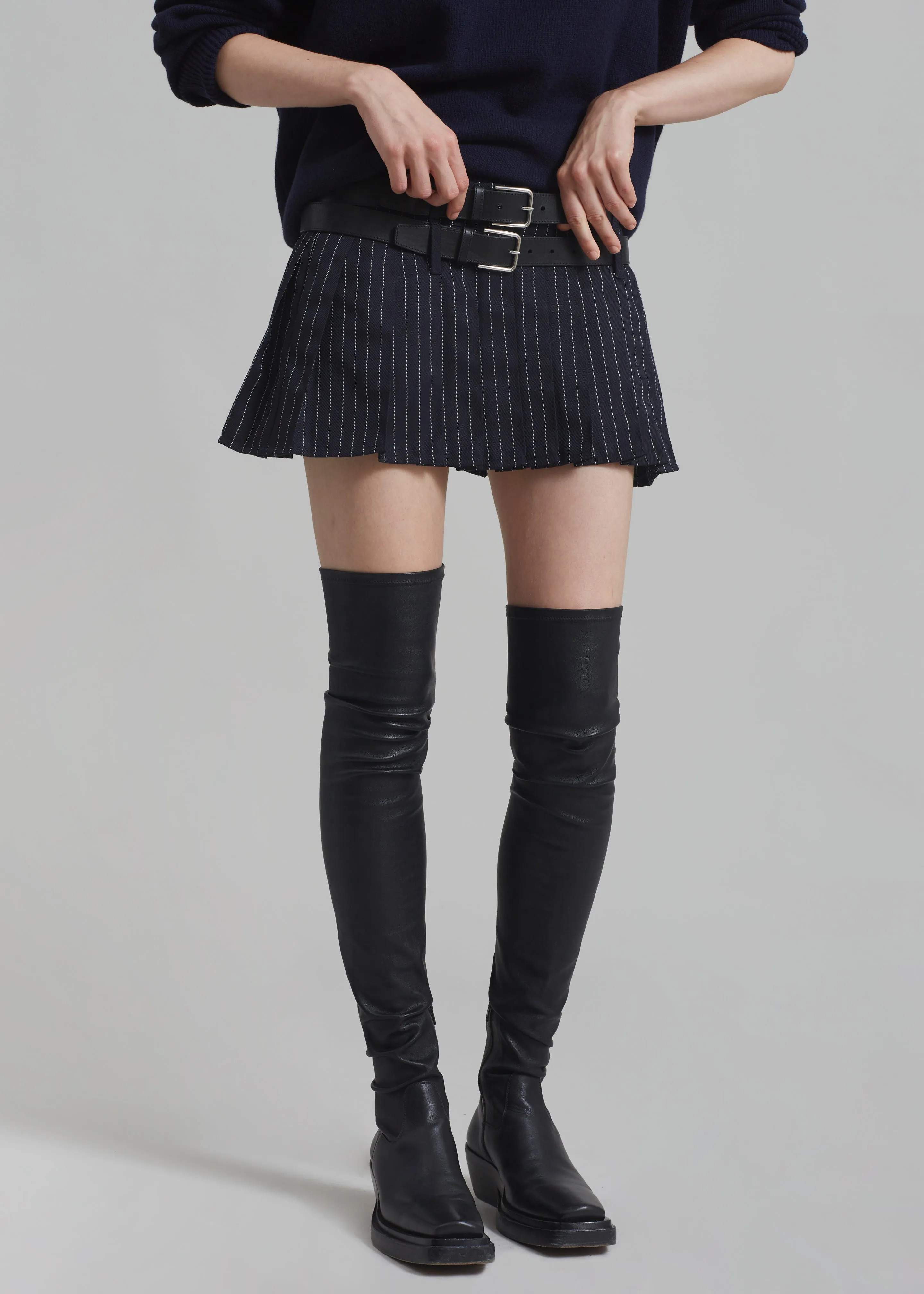 Blake Pleated Twill Mini Skirt - Navy/White Pinstripe