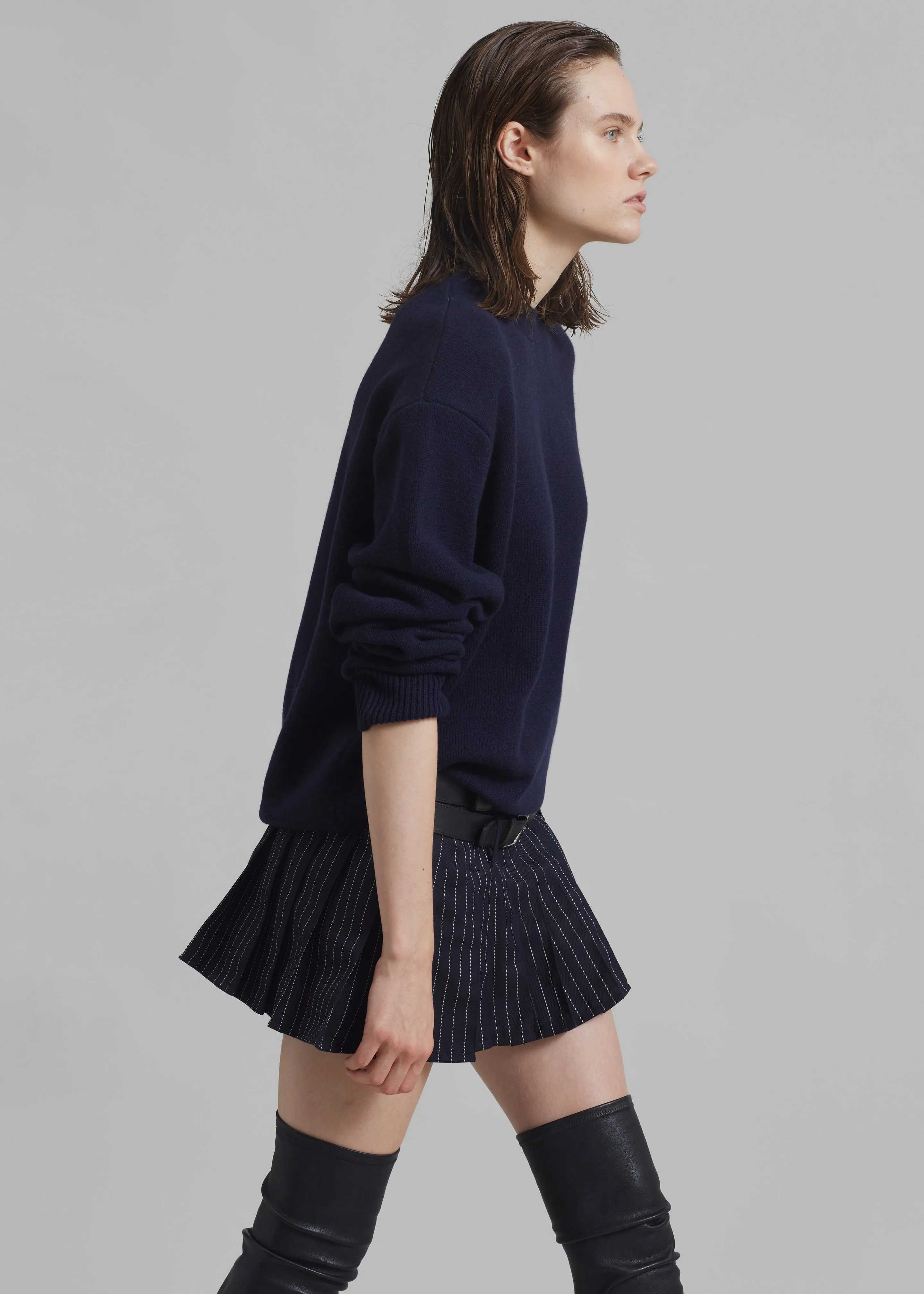 Blake Pleated Twill Mini Skirt - Navy/White Pinstripe
