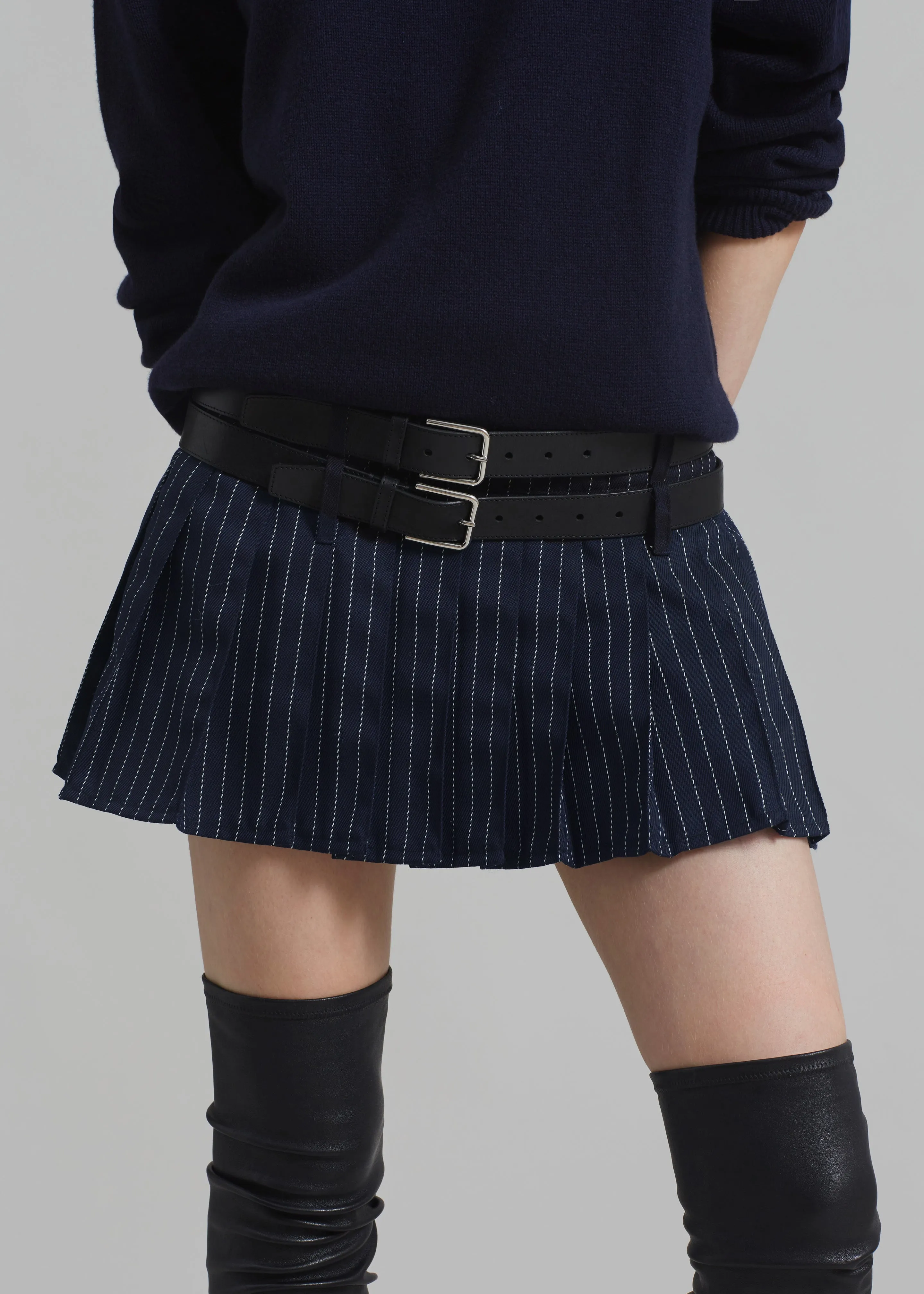Blake Pleated Twill Mini Skirt - Navy/White Pinstripe