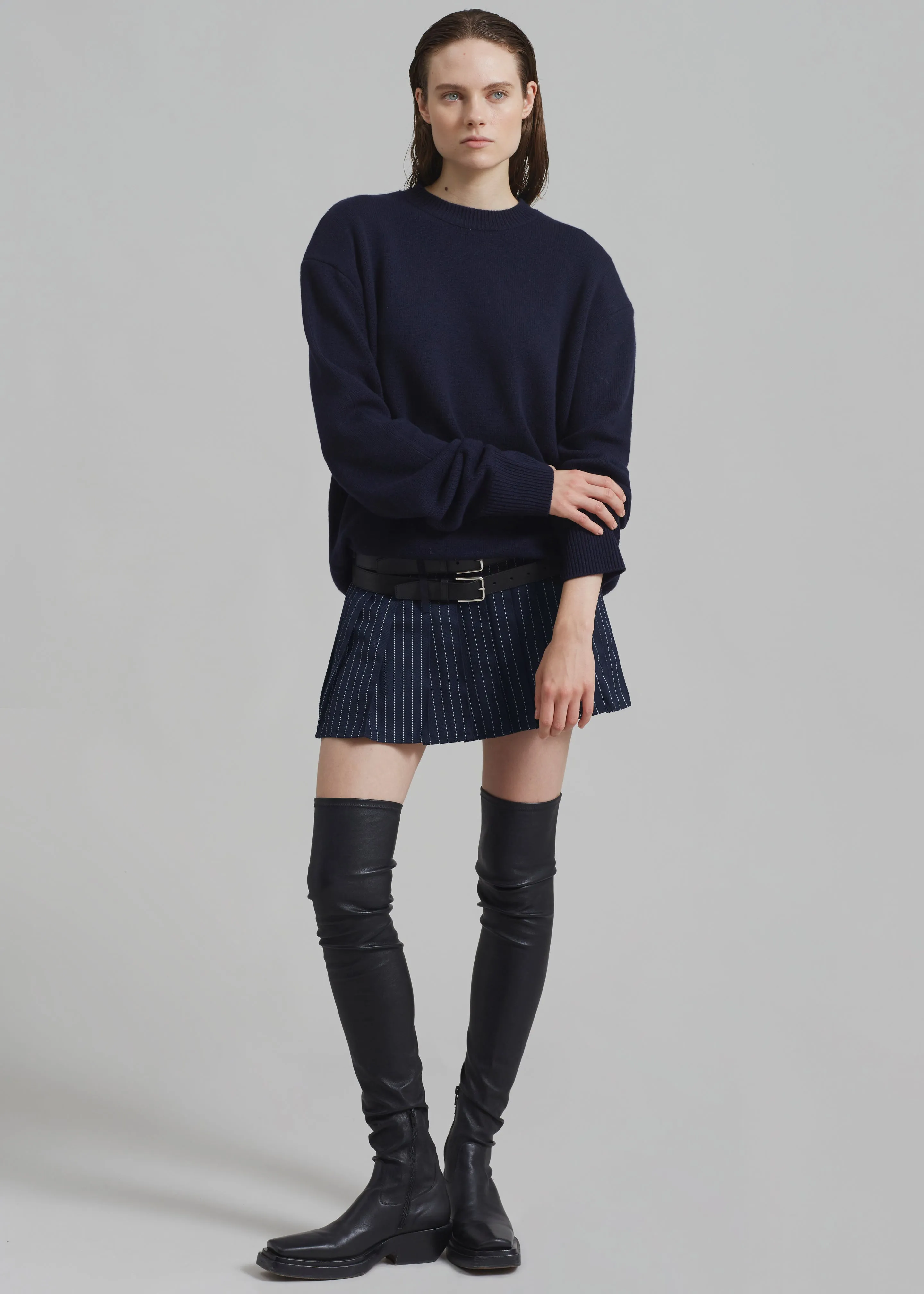 Blake Pleated Twill Mini Skirt - Navy/White Pinstripe