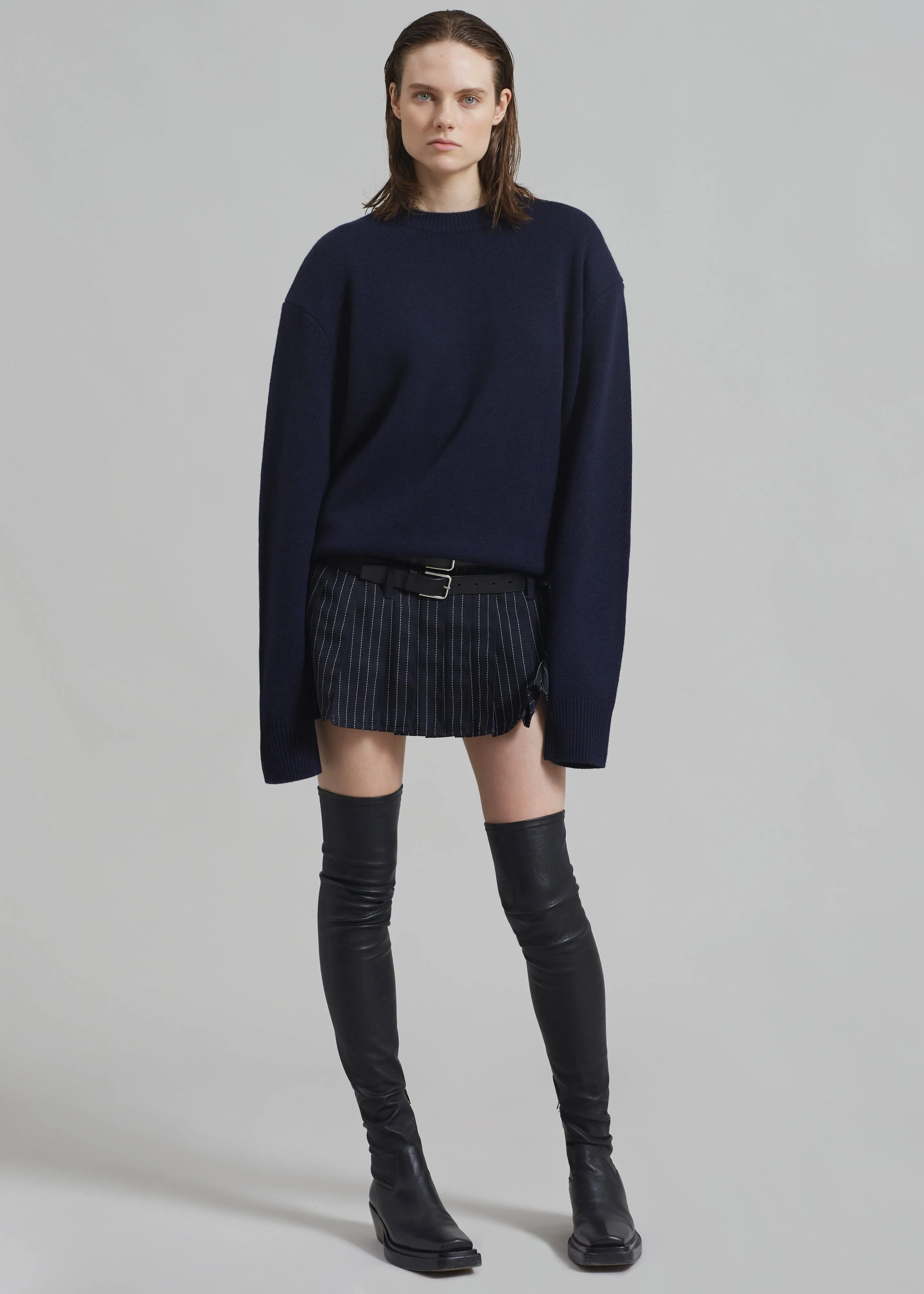Blake Pleated Twill Mini Skirt - Navy/White Pinstripe