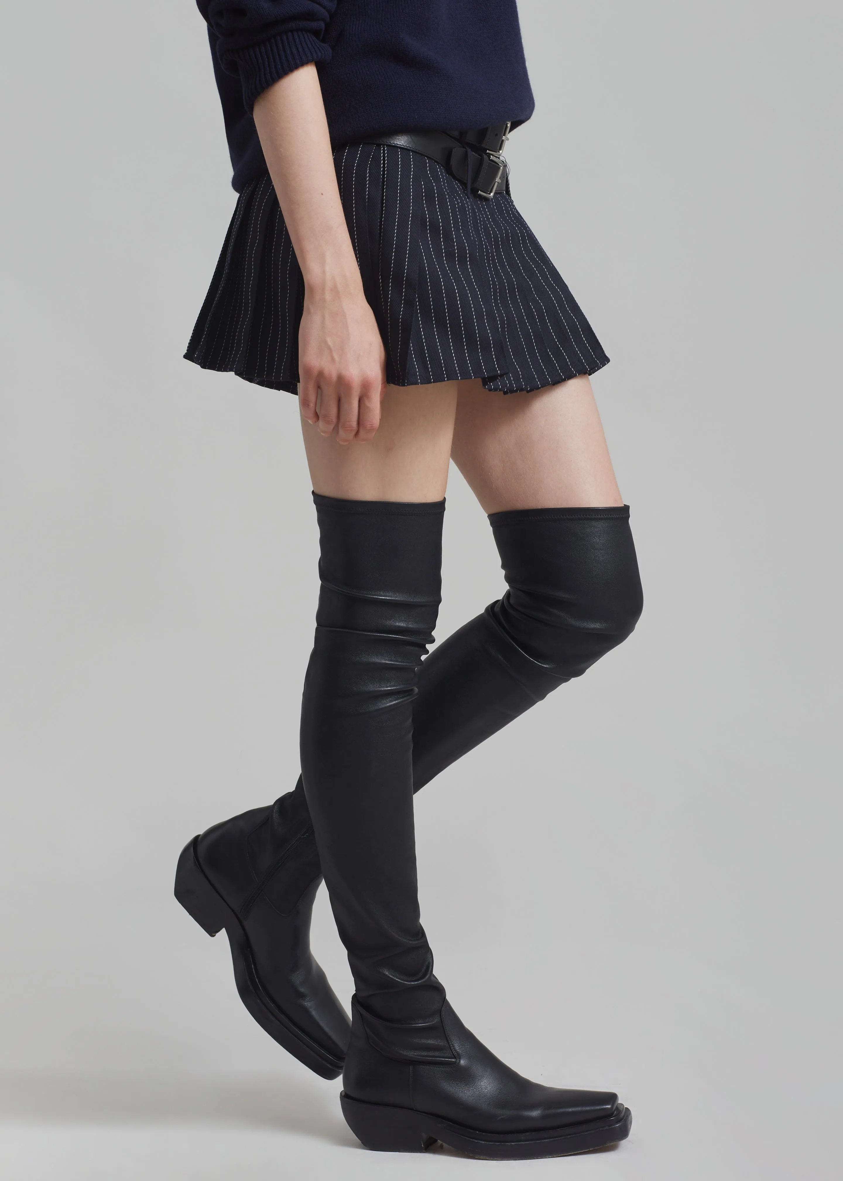 Blake Pleated Twill Mini Skirt - Navy/White Pinstripe