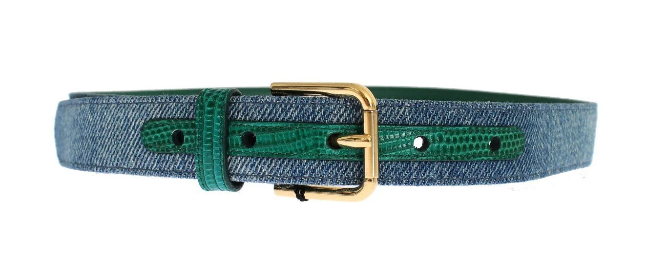 Blue Denim Snakeskin Gold Buckle Logo Belt