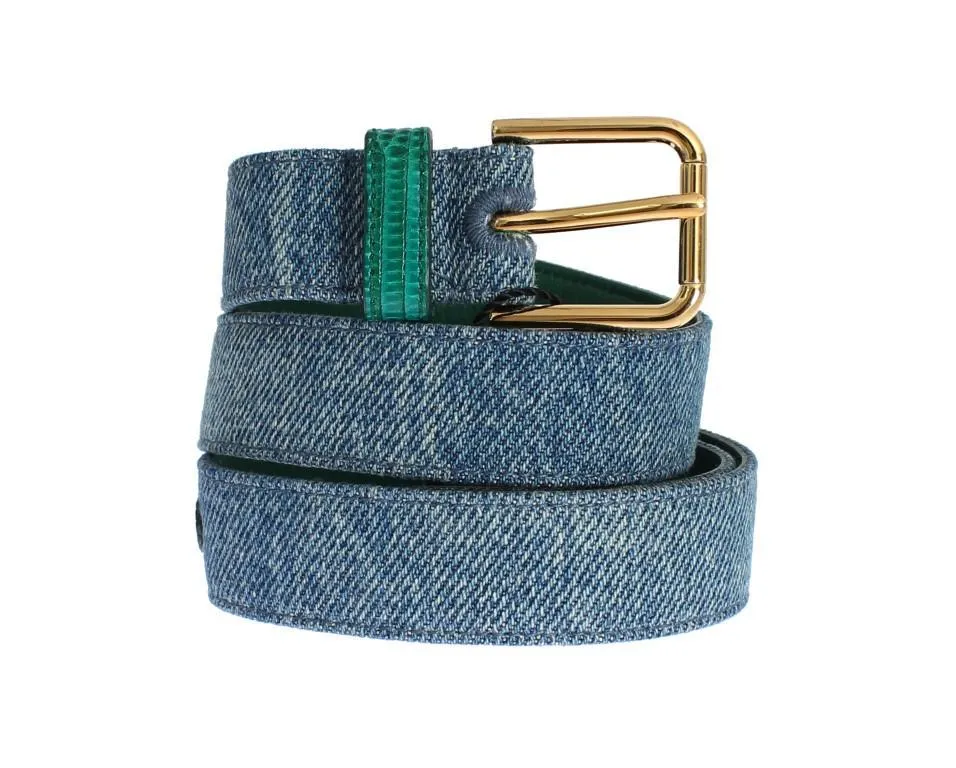 Blue Denim Snakeskin Gold Buckle Logo Belt