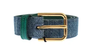 Blue Denim Snakeskin Gold Buckle Logo Belt