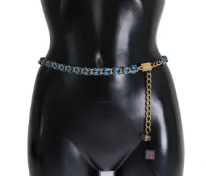 Blue Leather Crystal Gold Belt