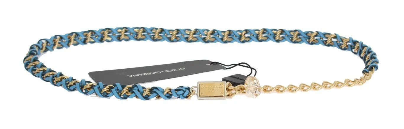 Blue Leather Crystal Gold Belt