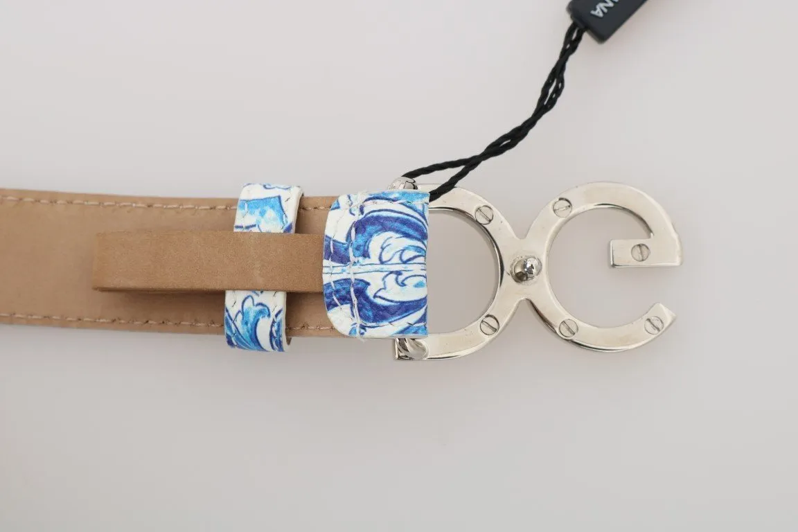 Blue Majolica Leather Gold Buckle Belt