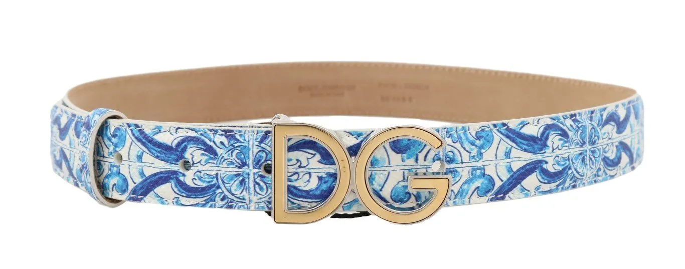 Blue Majolica Leather Gold Buckle Belt