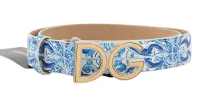 Blue Majolica Leather Gold Buckle Belt