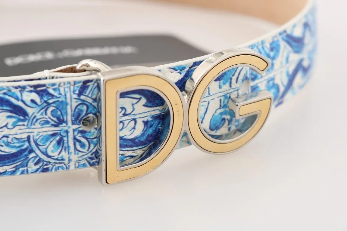 Blue Majolica Leather Gold Buckle Belt