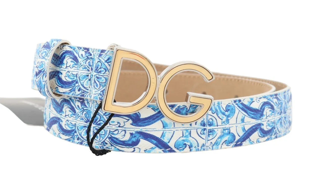 Blue Majolica Leather Gold Buckle Belt