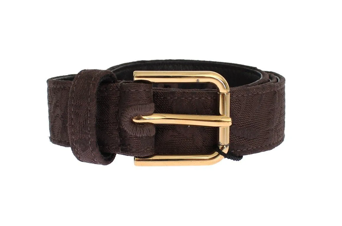 Brown Cotton Brocade Gold Buckle Logo Belt