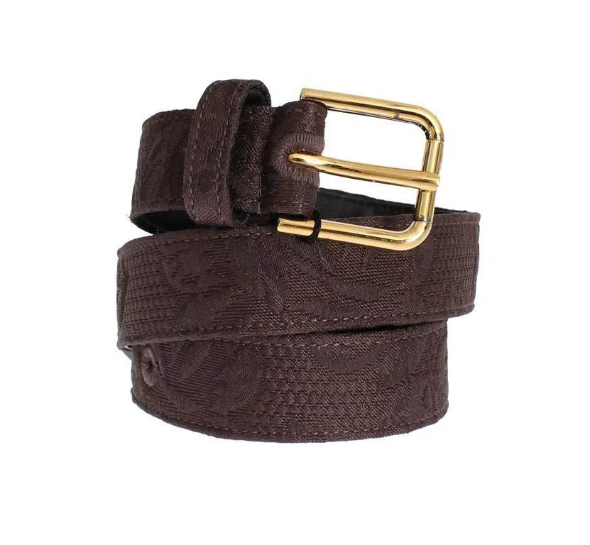Brown Cotton Brocade Gold Buckle Logo Belt