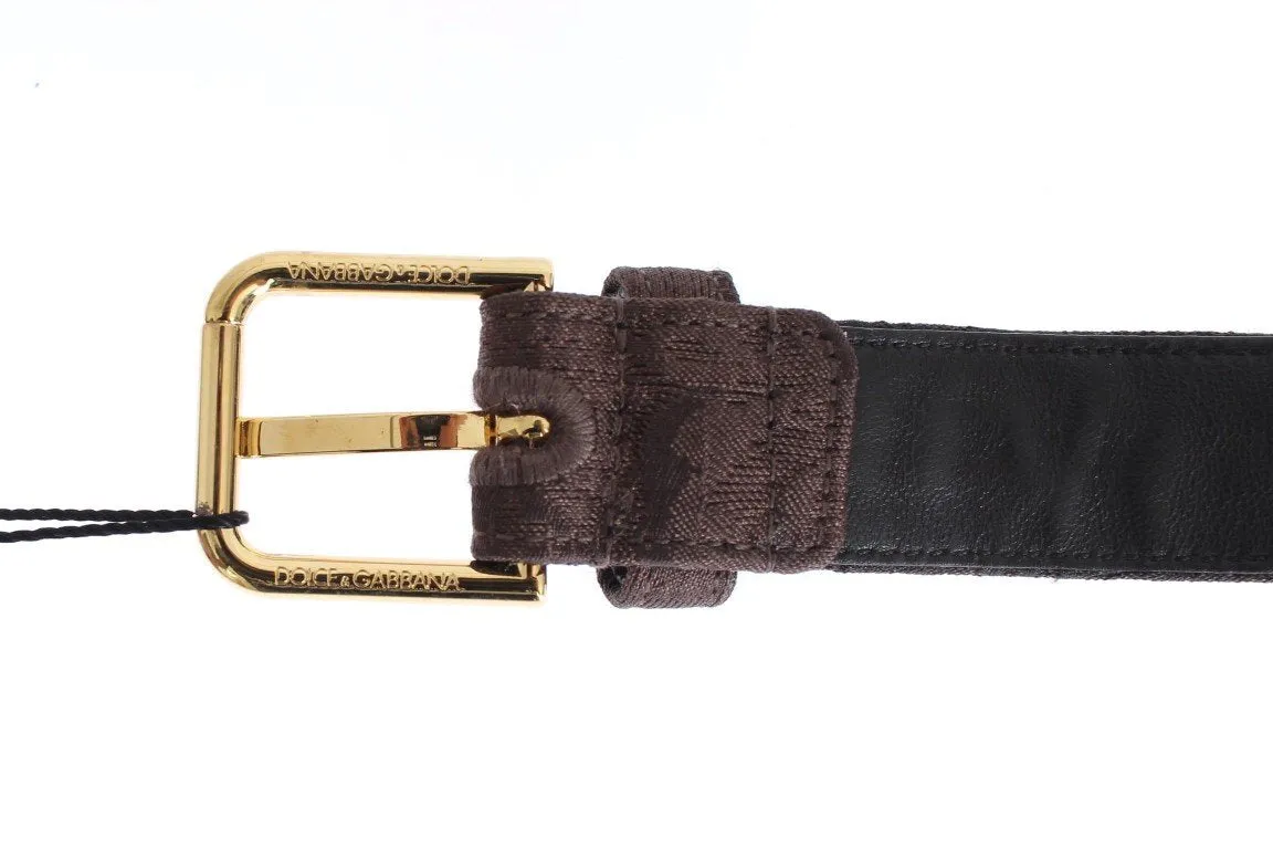 Brown Cotton Brocade Gold Buckle Logo Belt