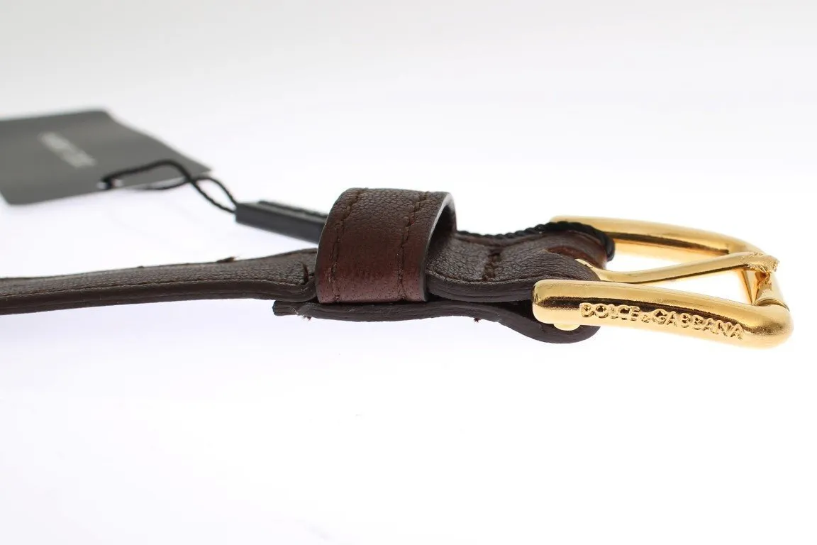 Brown Leather Gold Buckle Logo Belt