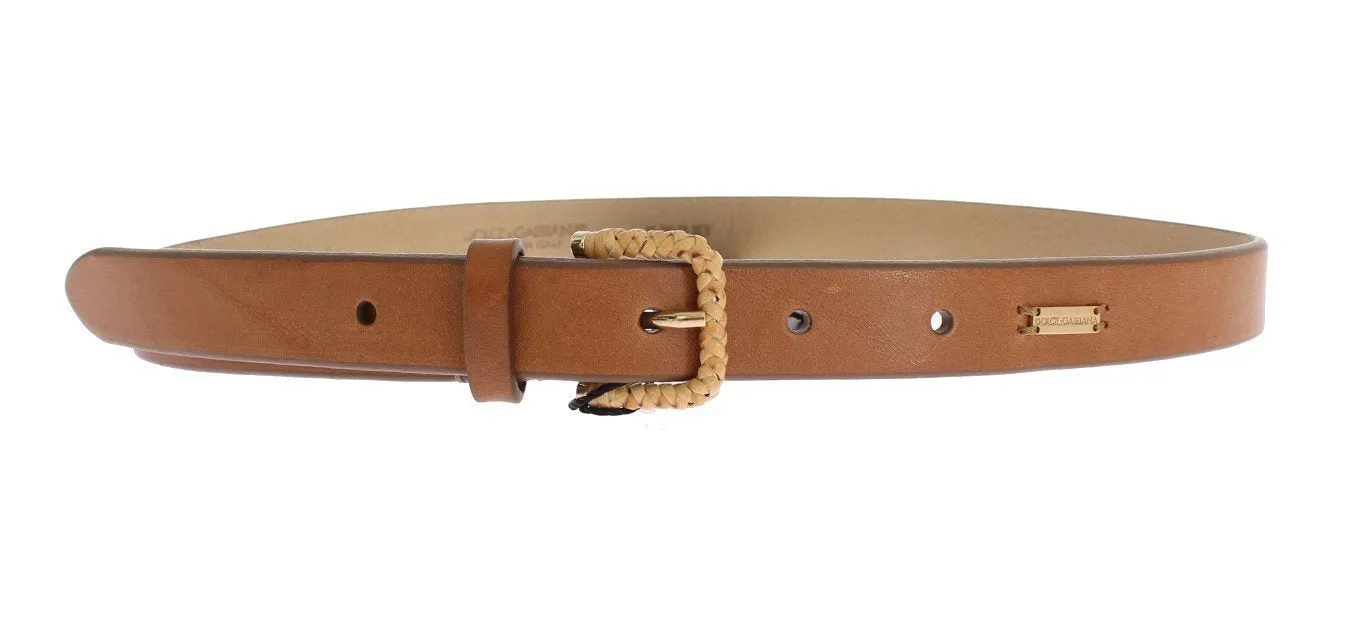 Brown Leather Gold Buckle Logo Waist Belt