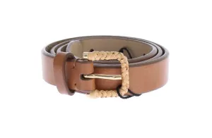 Brown Leather Gold Buckle Logo Waist Belt