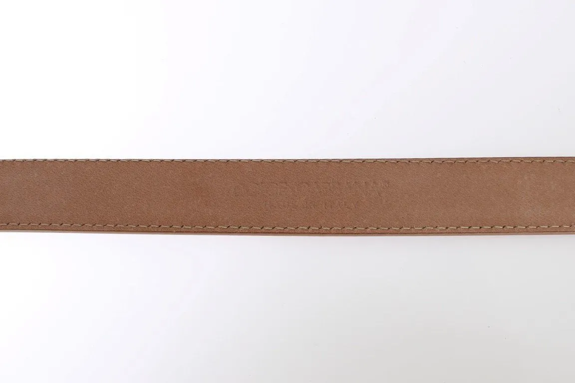Brown Leather Gold Buckle Logo Waist Belt