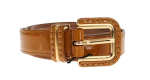 Brown Leather Gold Buckle Logo Waist Belt